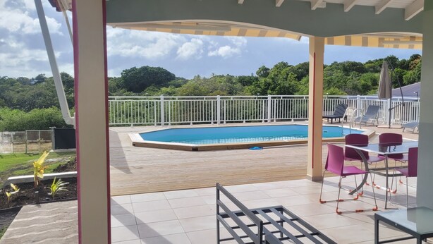 A covered outdoor area with a pool, chairs, and a table.