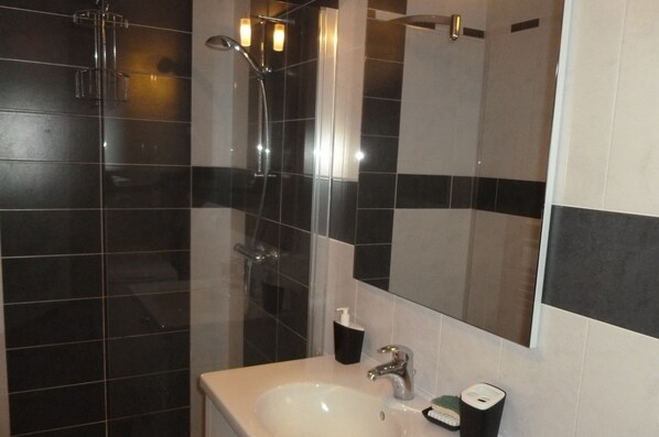 A modern bathroom with a glass shower enclosure, a white sink, and a mirror above it.