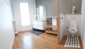 Shower, free toiletries, hair dryer
