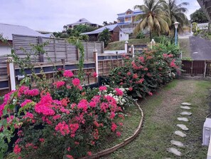 Un jardin avec des fleurs roses, une clôture en bois et un chemin pavé.