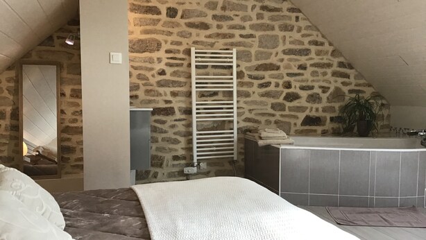 Una camera da letto con parete in pietra, un letto con coperta bianca, un termosifone e un bagno piccolo con una vasca e una pianta in vaso.
