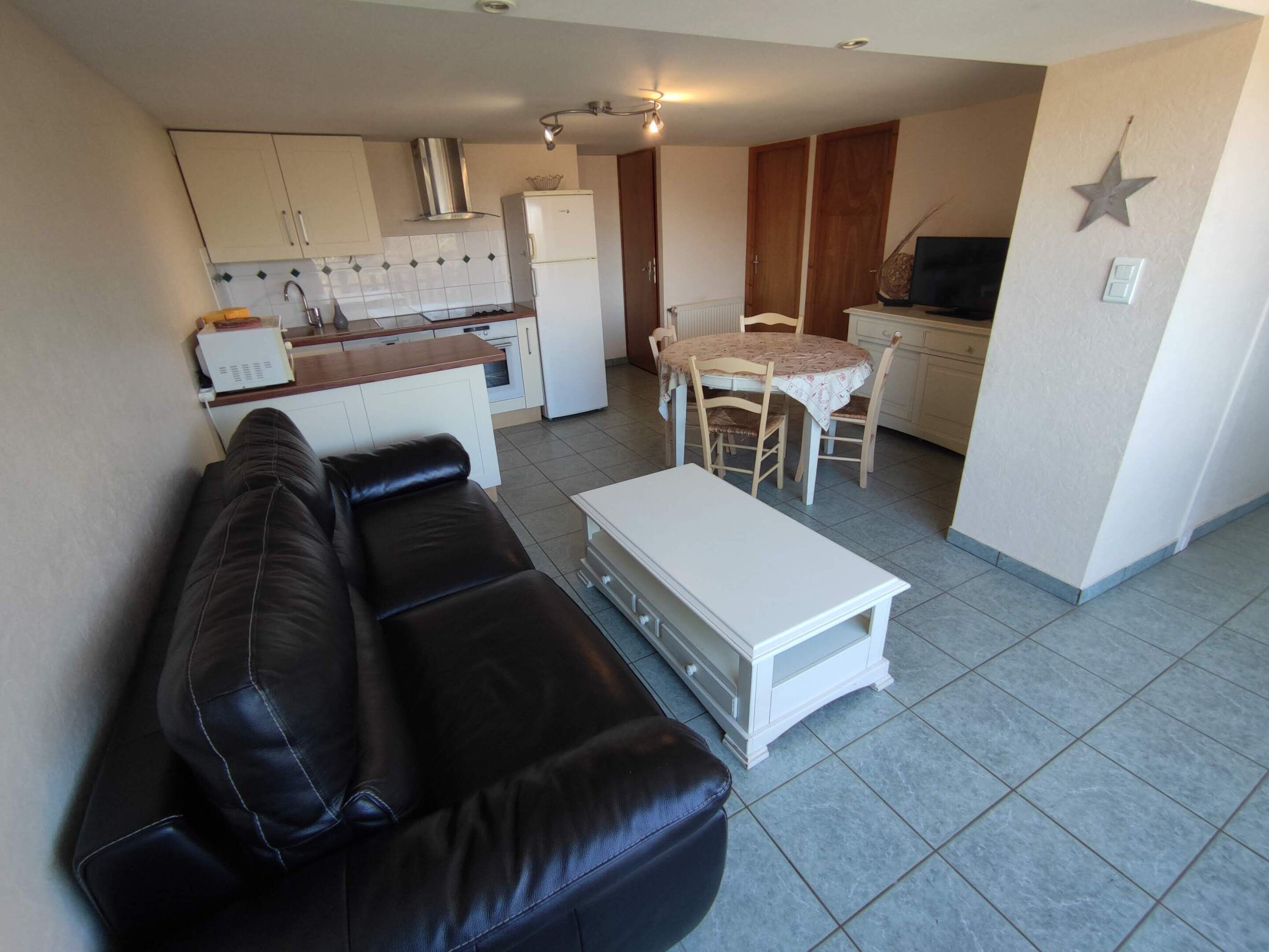 A compact living space with a sofa, a dining table with chairs, a kitchenette, and a star decoration on the wall.