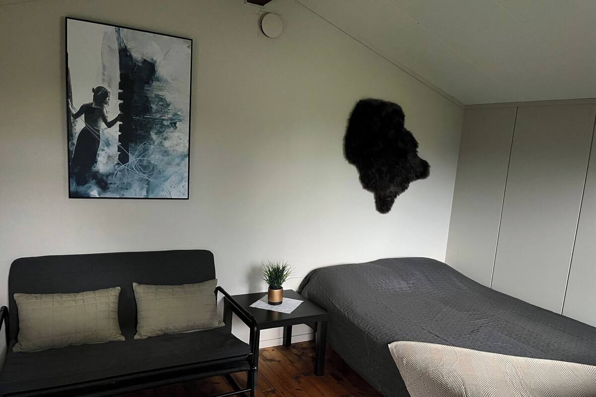 Una stanza con un divano, un tavolino con una pianta, un letto e un grande quadro astratto appeso al muro.