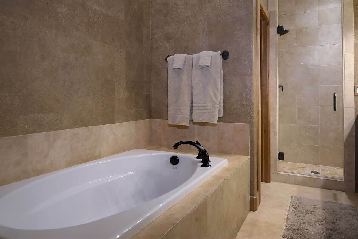 Combined shower/bathtub, hair dryer, shampoo