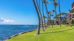 A beachfront property with a well-maintained lawn, palm trees, and a view of the ocean. - SUMMER SALE! 2BD OceanFront Getaway w AC Pool - Lauloa 105 (Wailuku)