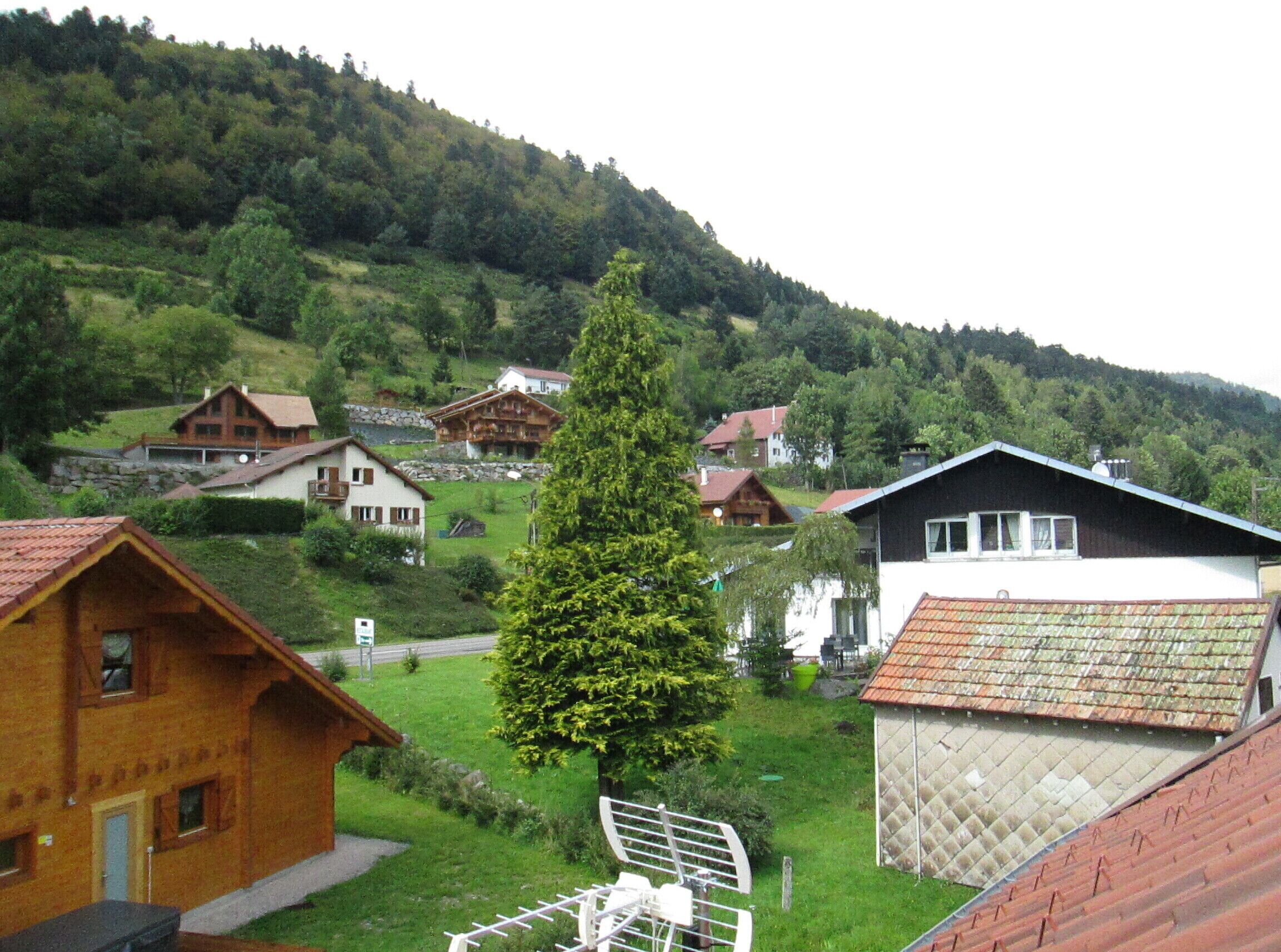 Un pueblo rural con casas de madera tradicionales, un árbol destacado y un telón de fondo montañoso.