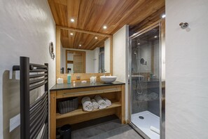 Shower, hair dryer, towels