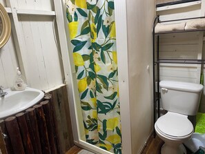 Dusche, Haartrockner, Handtücher, Toilettenpapier