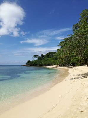 On the beach, sun-loungers, beach towels