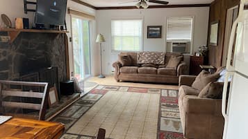 Smart TV, fireplace, DVD player, books