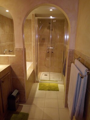 Ensemble baignoire-douche, séchoir à cheveux, savon, papier de toilette