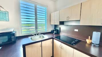 Fridge, microwave, stovetop, coffee/tea maker