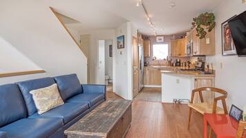 Een televisie, een open haard, een dvd-speler en een muziekbibliotheek