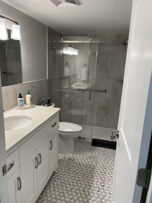 A bathroom with a glass-enclosed shower, a white sink, and a toilet. - One block to beach and to dining. Best location in Naples !! (Naples)