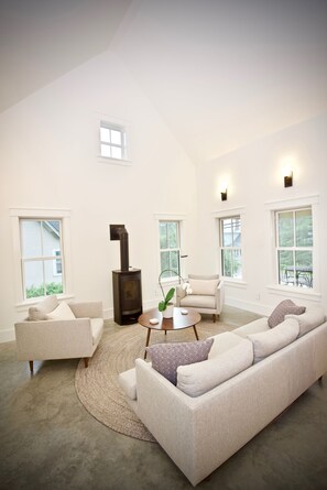 Smart TV, fireplace, table football, books