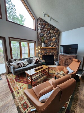 Smart TV, fireplace, DVD player, books