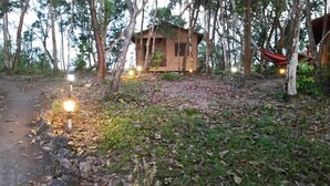 A rustic wooden cabin surrounded by trees, with a dirt path leading to it.