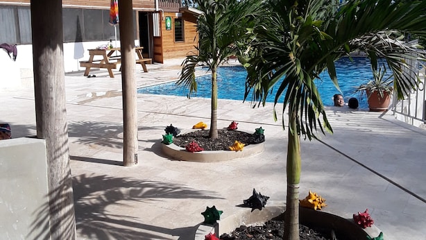 A beachside hotel with a wooden structure, a pool, and colorful flower planters.