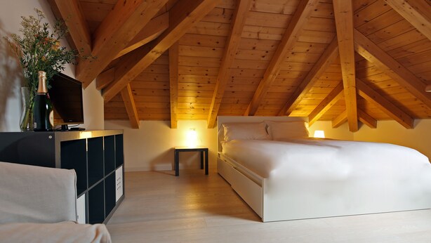 Une chambre avec un plafond en bois, un lit, une télévision et une table de chevet avec une lampe.