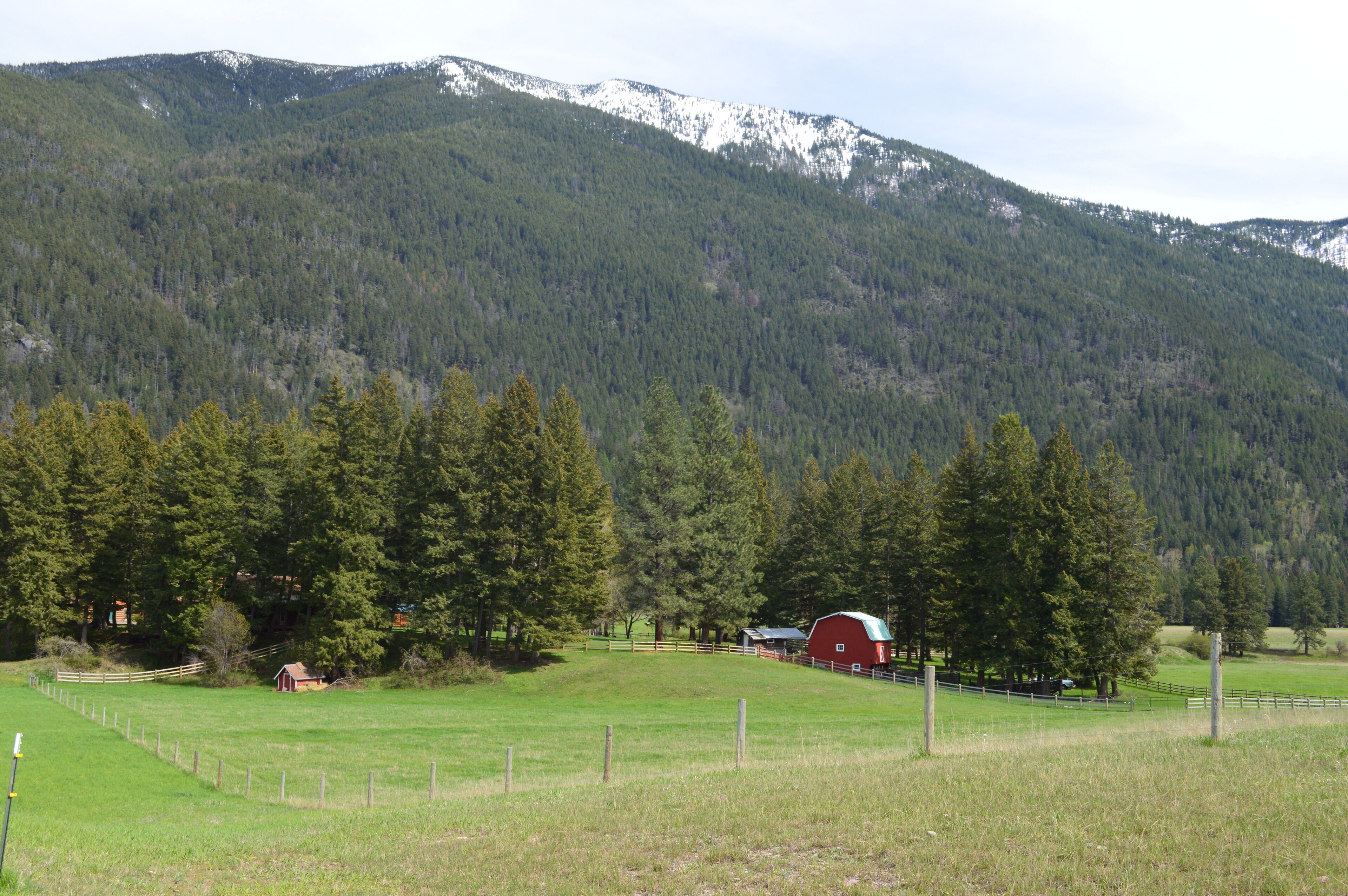 A rural landscape with a red barn, a fenced field, and a mountain in the background.