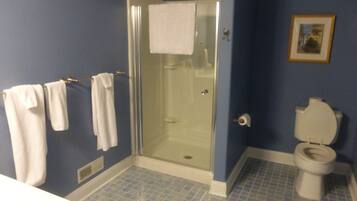 Combined shower/tub, hair dryer, towels, soap