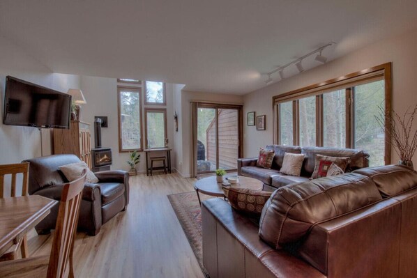 Flat-screen TV, fireplace