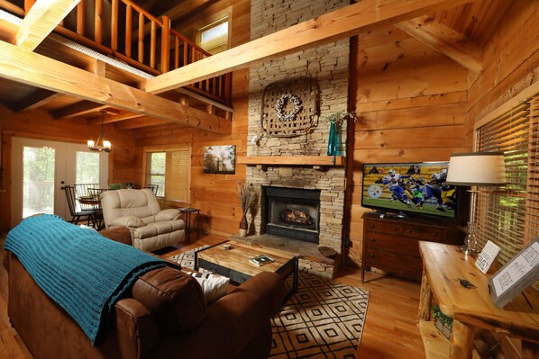 Smart TV, fireplace, video games, DVD player