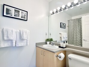 Ensemble douche/baignoire, sèche-cheveux, serviettes fournies, savon