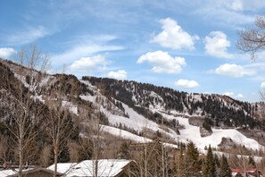 A mountainous landscape with snow-covered slopes and sparse trees.