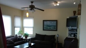 Un salon avec un ventilateur de plafond, un téléviseur, une guitare et un tableau accroché au mur.