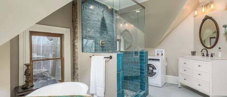 Shower, hair dryer, towels