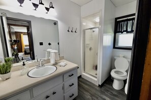 Duschwanne, Haartrockner, Handtücher, Seife