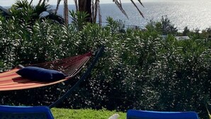 Una hamaca, dos sillas azules y una mesa con cubierta de vidrio, frente a un palmero y vistas al mar.