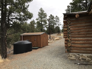 Situated in a forested environment, this cabin features a rustic design with a sloped roof.