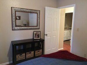 2 bedrooms, memory foam beds, blackout drapes, iron/ironing board