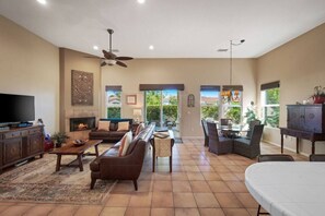 Smart TV, fireplace, books