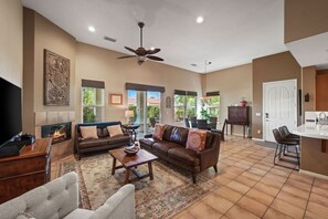 Smart TV, fireplace, books