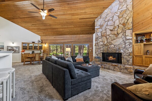 Smart TV, chimenea y libros 