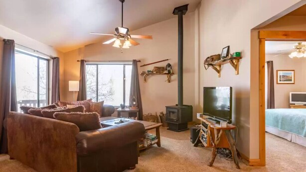 A cozy living room with a fireplace, a sofa, a television, and a bookshelf. - The perfect place for outdoor recreation (Thayne)