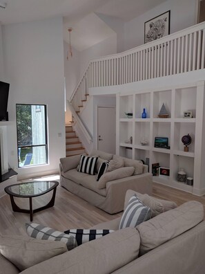 TV, caminetto, lettore DVD, libri