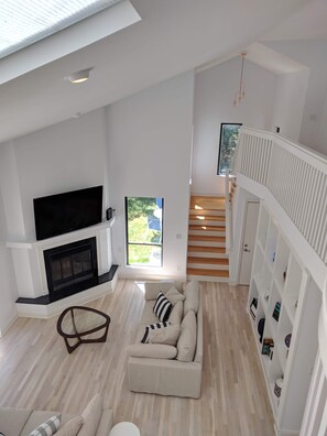 TV, caminetto, lettore DVD, libri