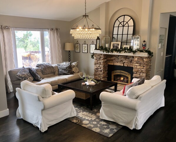 Una televisión, una chimenea, libros