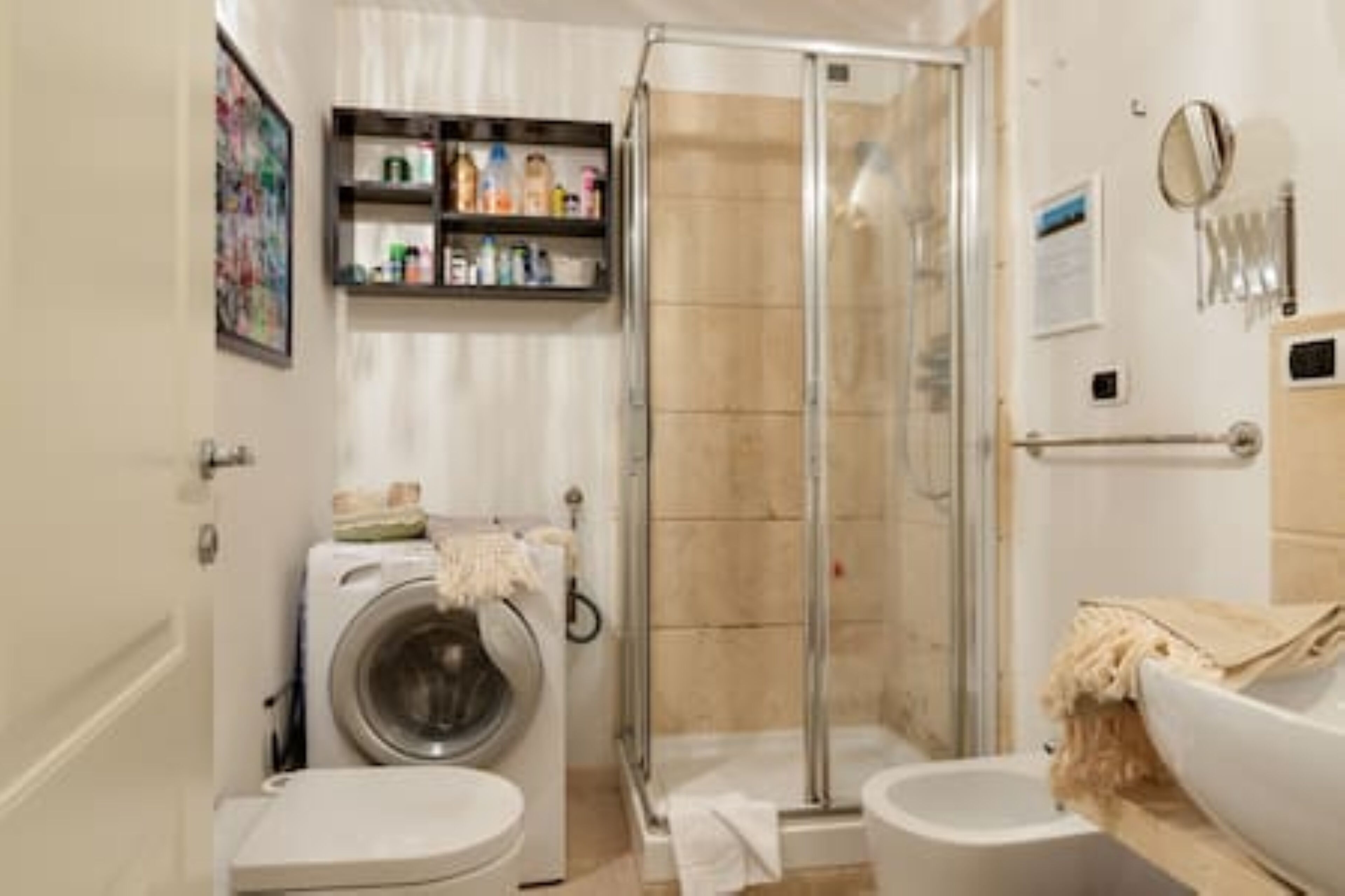 Shower, hair dryer, bidet, towels