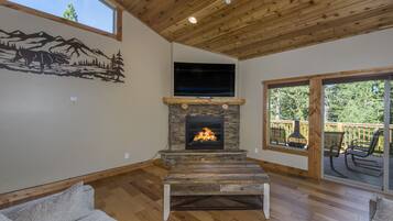 Smart TV, fireplace, music library, video library