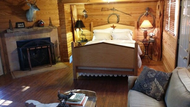 Une chambre confortable dans un chalet en rondins, avec un lit, une petite table, une lampe et une cheminée.