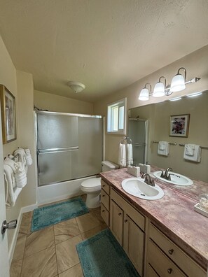 Combined shower/bathtub, hair dryer, towels, soap