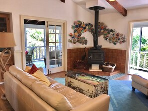 Smart TV, fireplace, DVD player, books