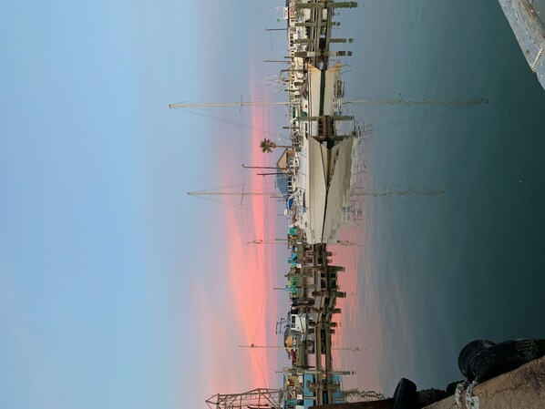 A marina with boats docked, a clear sky, and a sunset reflection on the water.