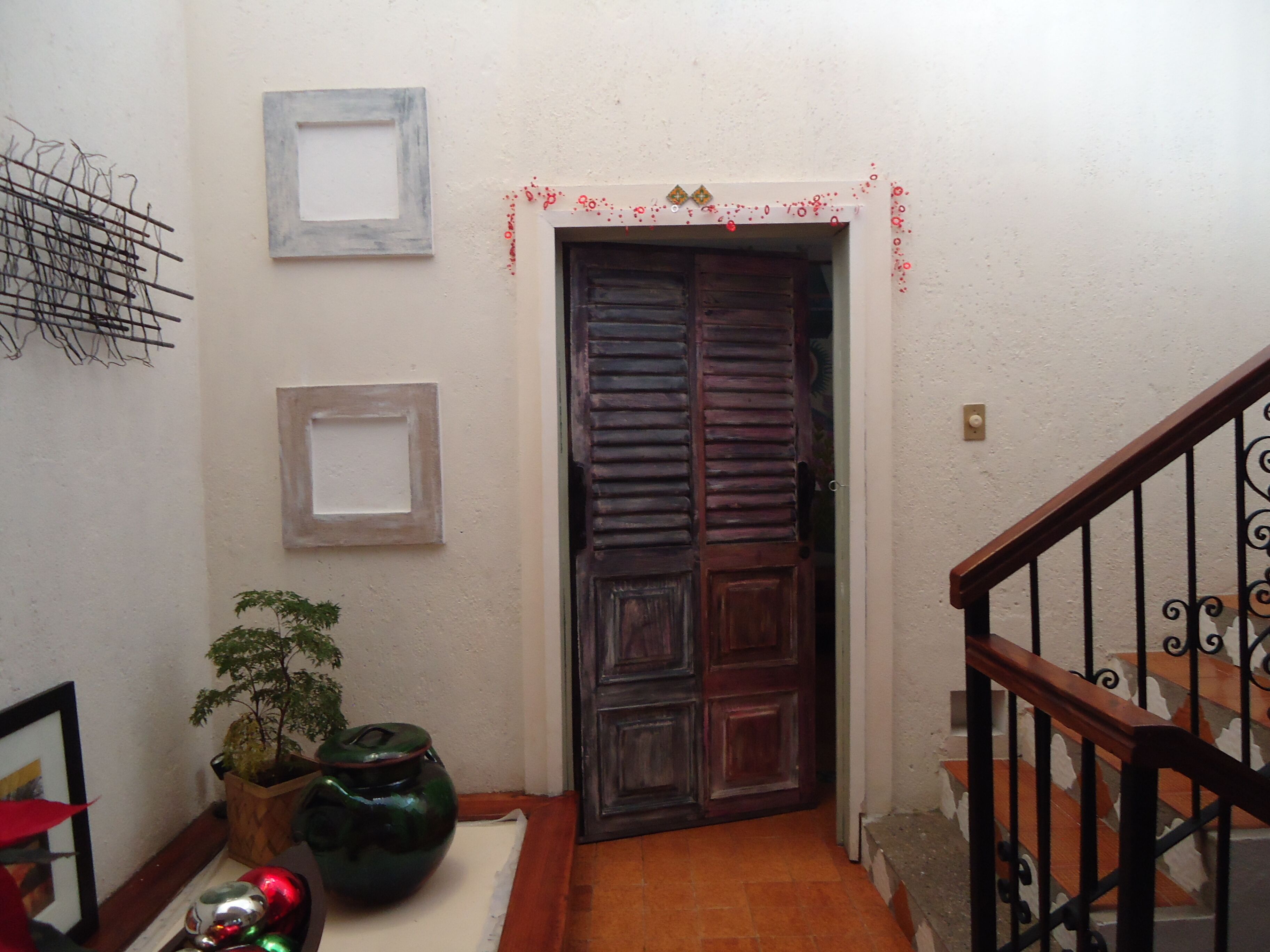 Un pasillo con una puerta de madera, una pequeña planta en maceta y un cuadro en la pared.