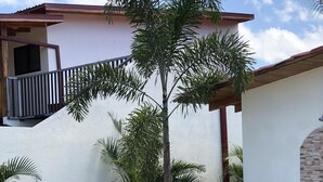A swimming pool with two lounge chairs, surrounded by various tropical plants. - NICE 3 BEDROOM MODERN HOUSE WITH POOL (Sámara)